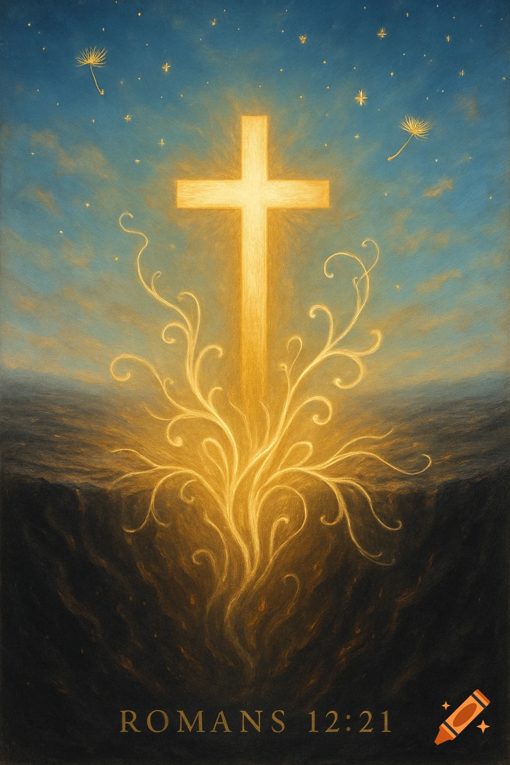 A glowing golden cross rises from dark ground with swirling light and vines under a starry blue sky, with text 'ROMANS 12:21'.