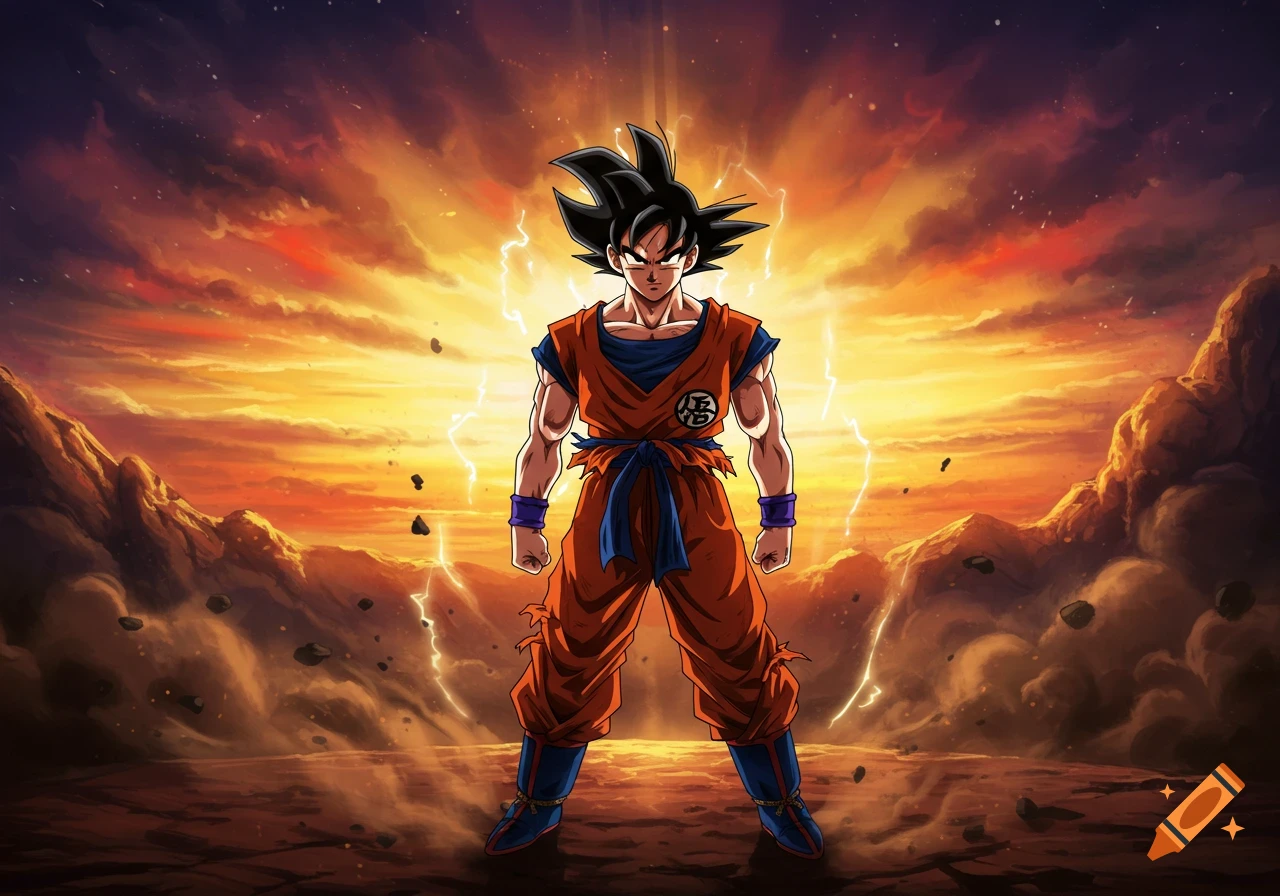 Goku stands heroically, glowing with power against a vibrant orange and purple sky with lightning and rocky terrain in anime style.