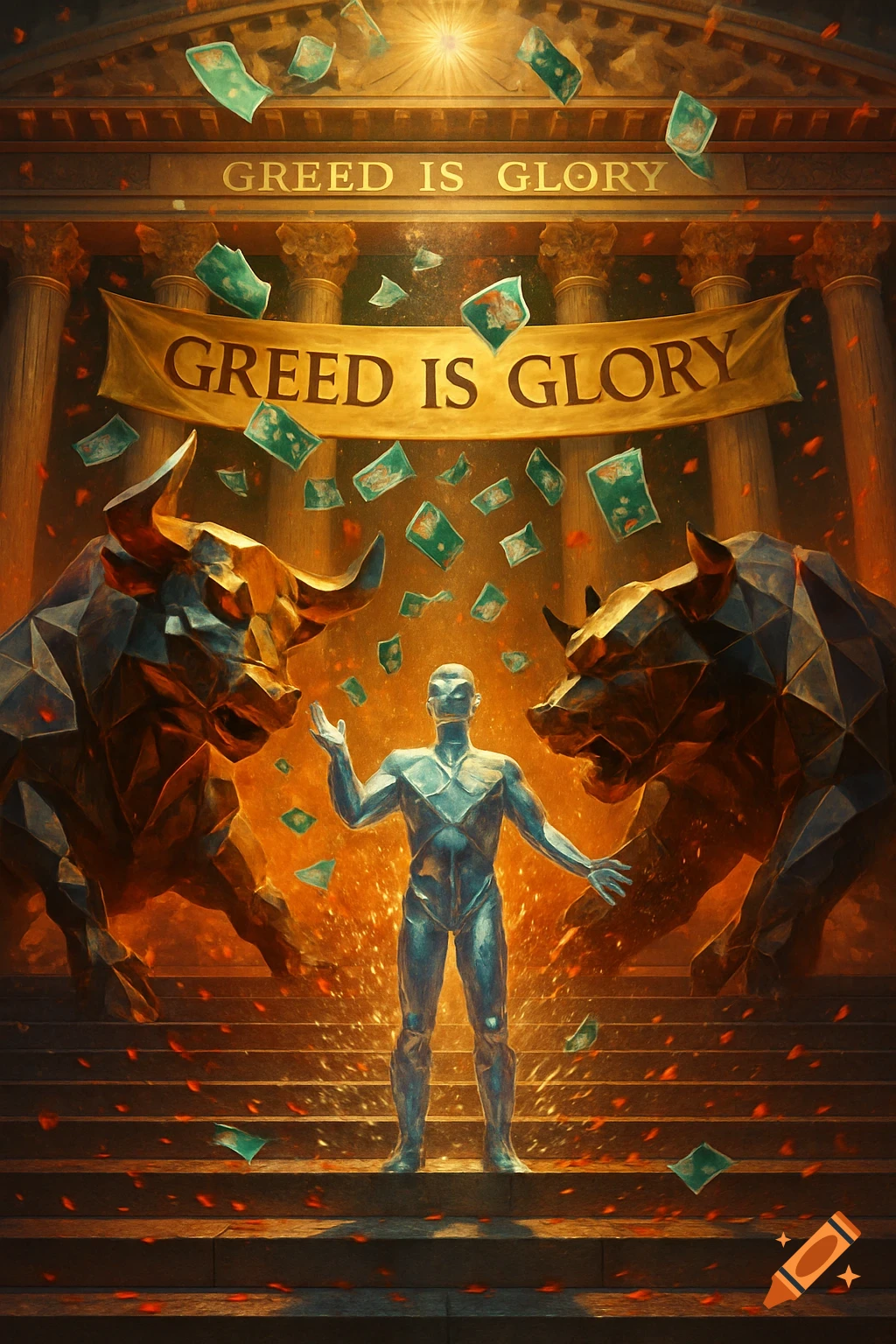 Stylized metallic man on steps with falling money, flanked by geometric bull and bear statues, under banners reading "GREED IS GLORY" on a monumental building facade.