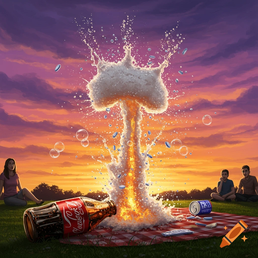 A Coca-Cola bottle lies on a red checkered picnic blanket as a dramatic soda and mentos explosion erupts in a grassy field at sunset with people watching.