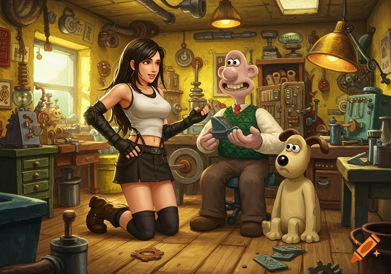 Tifa Lockhart kneels in a cluttered workshop, showing something to a smiling Wallace, while Gromit sits by his side.