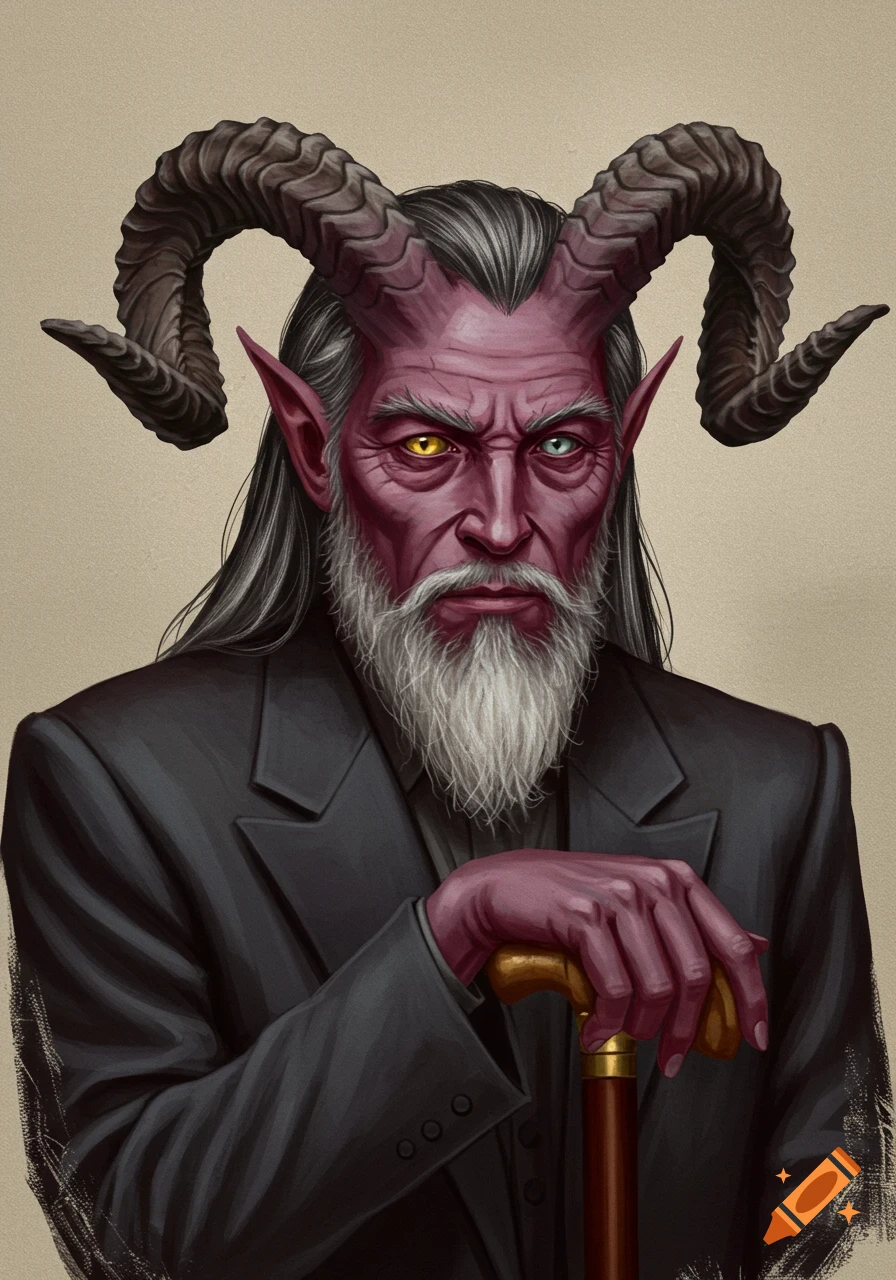 An oil painting portrait of an old tiefling man with mauve skin, ram horns, a grey beard, and heterochromia, holding a walking cane.