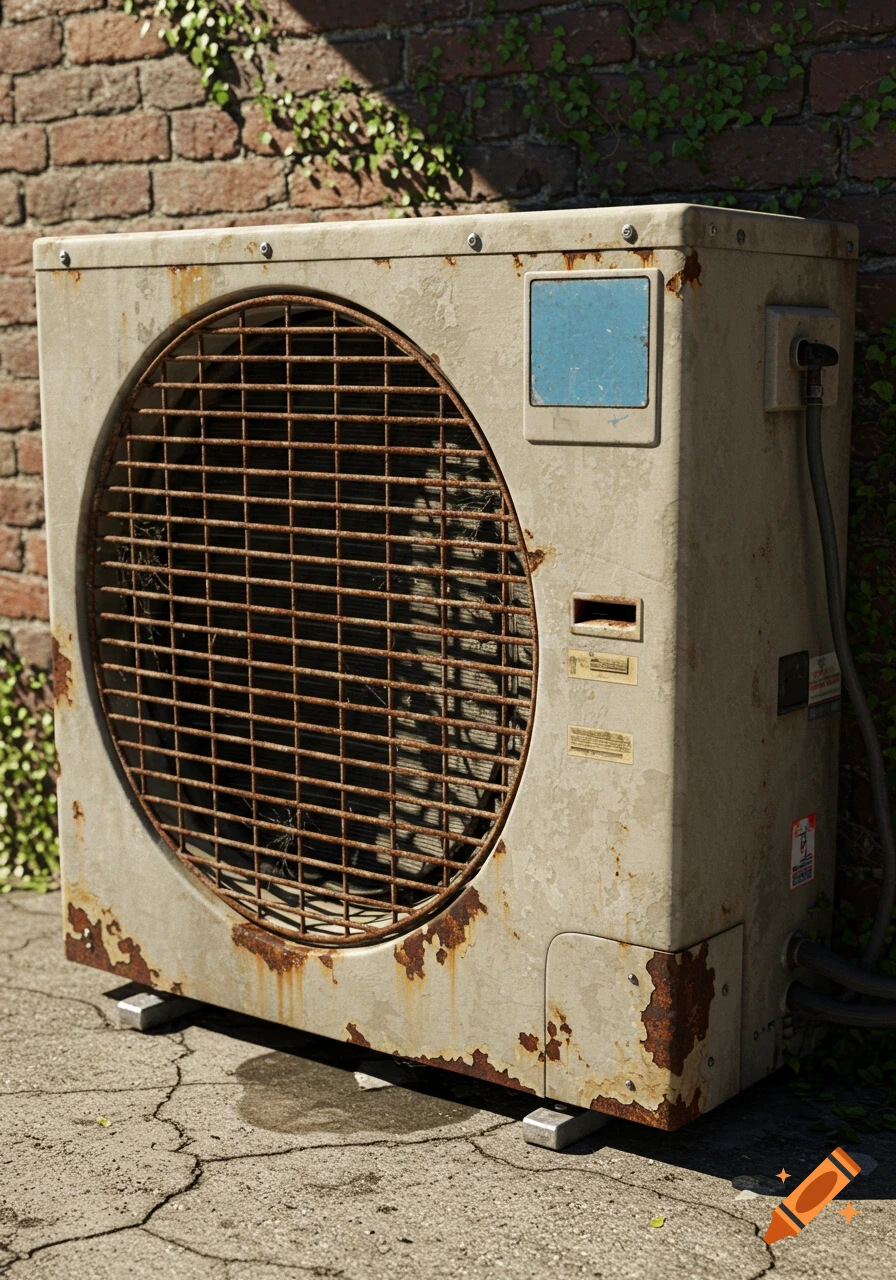 A photorealistic image of a rusty, weathered outdoor air conditioner unit against a brick wall with ivy on cracked pavement.