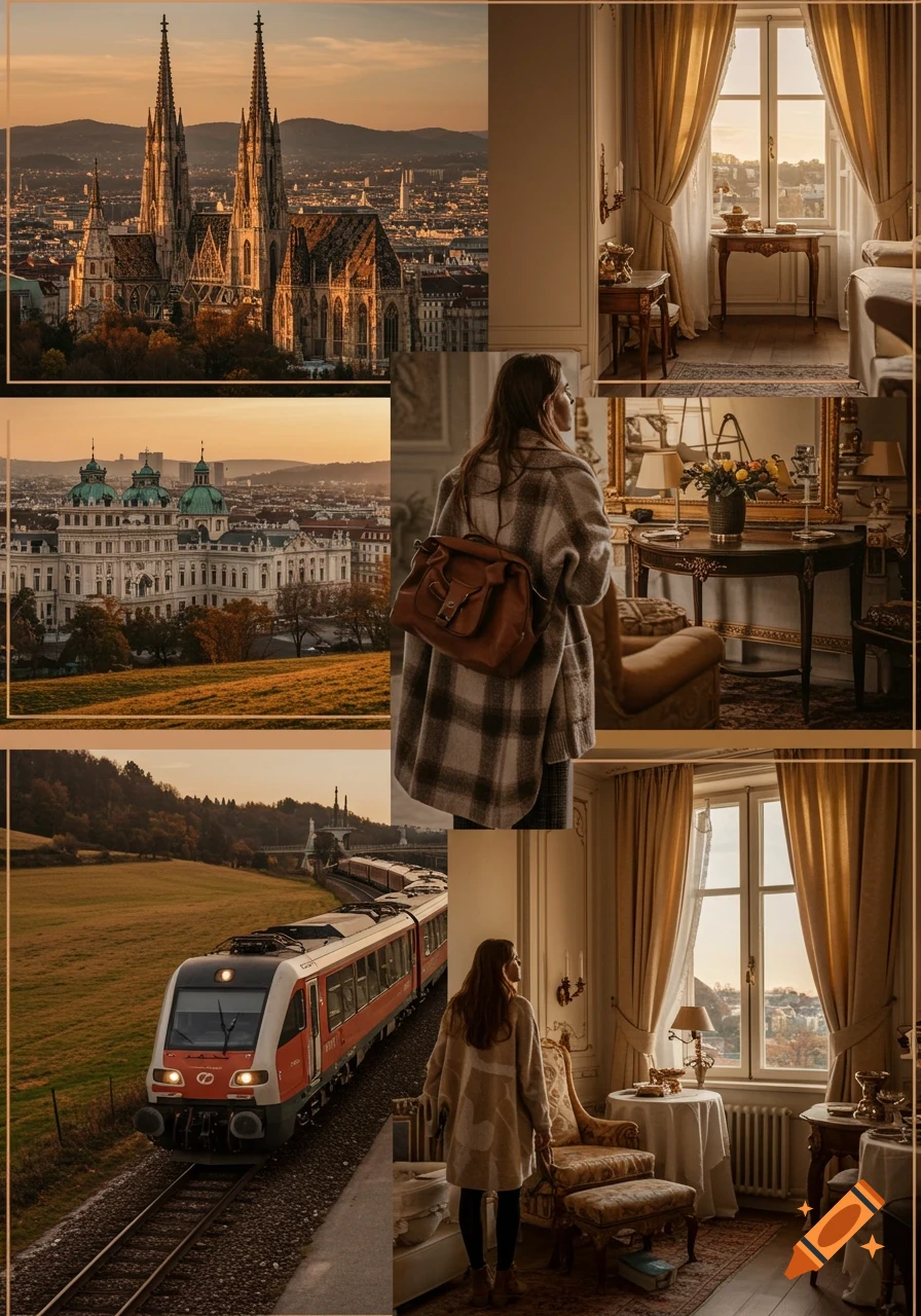 A collage showing scenic views of a European city at sunset, a train on tracks, and a person in elegant indoor settings.