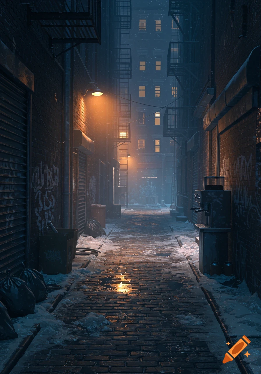 A snowy, dimly lit brick alleyway at night with a streetlamp reflecting on wet pavement, fire escapes, and a coffee machine.