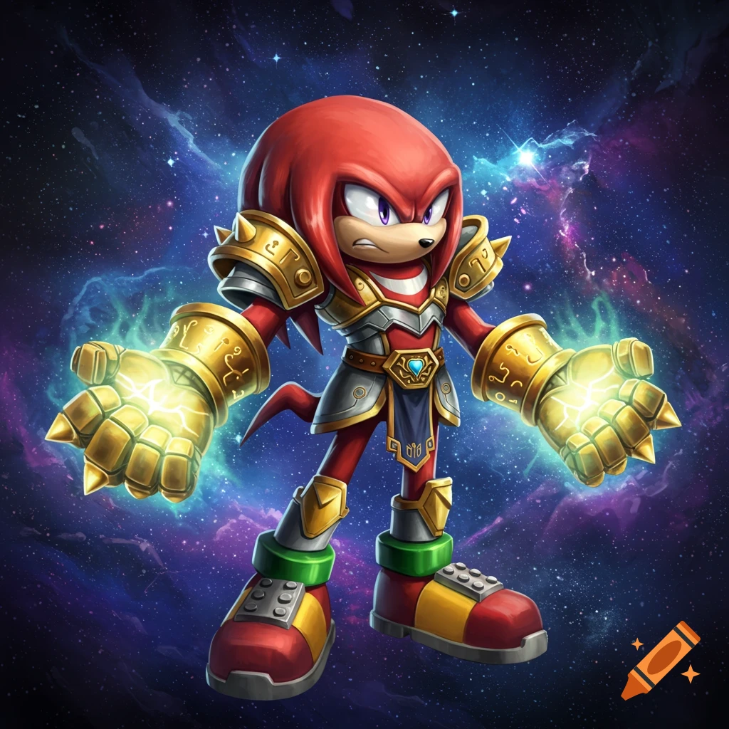 Knuckles the Echidna in gold and silver armor with glowing fists against a cosmic background.