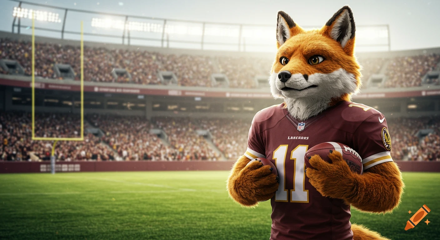 A realistic digital fox mascot in a burgundy and gold football jersey, holding a football, standing confidently in a bright, sunlit stadium.