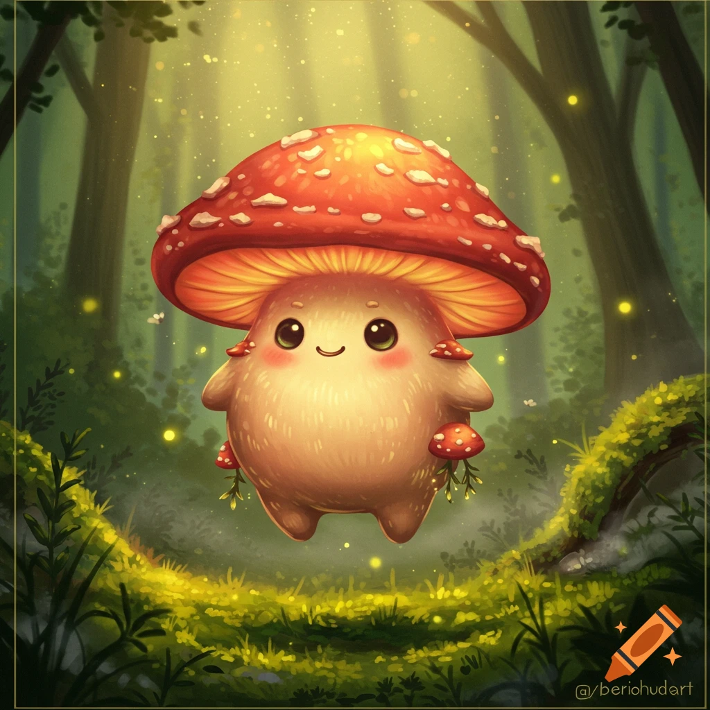A cute, smiling mushroom creature with a red polka-dot cap floats in a glowing forest with sunbeams and fireflies, whimsical illustration.