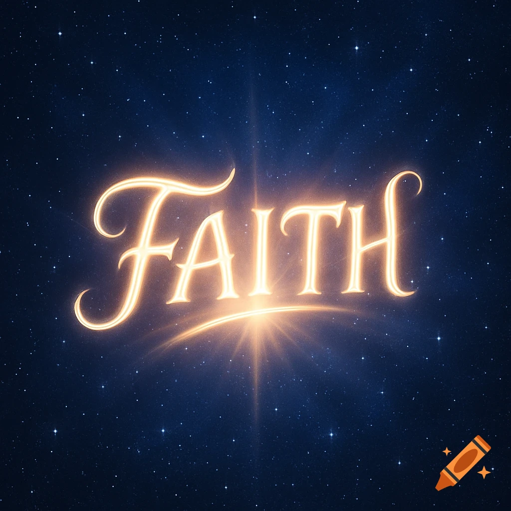 The word Faith glowing brightly in elegant gold script against a dark blue starry night sky.