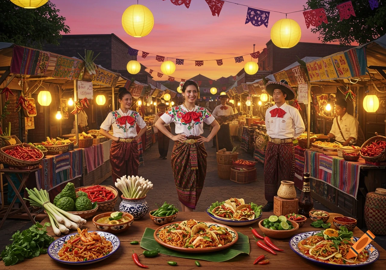 A vibrant night market scene with people in traditional attire, displaying various dishes like tacos and noodles, surrounded by colorful lanterns under a twilight sky.