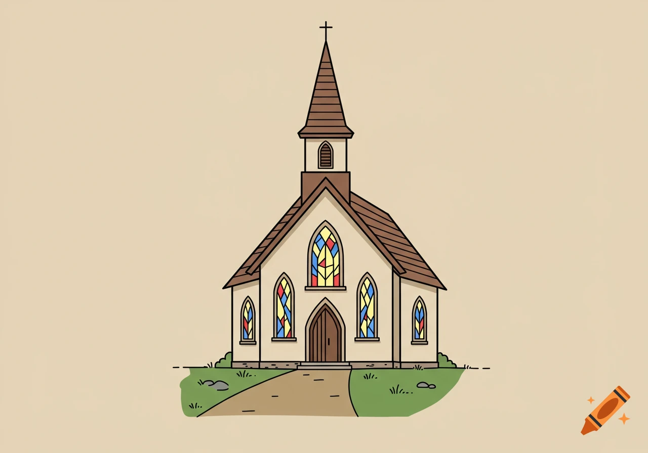 A simple 2D illustration of a church with a steeple, stained-glass windows, and a path leading to the arched door.