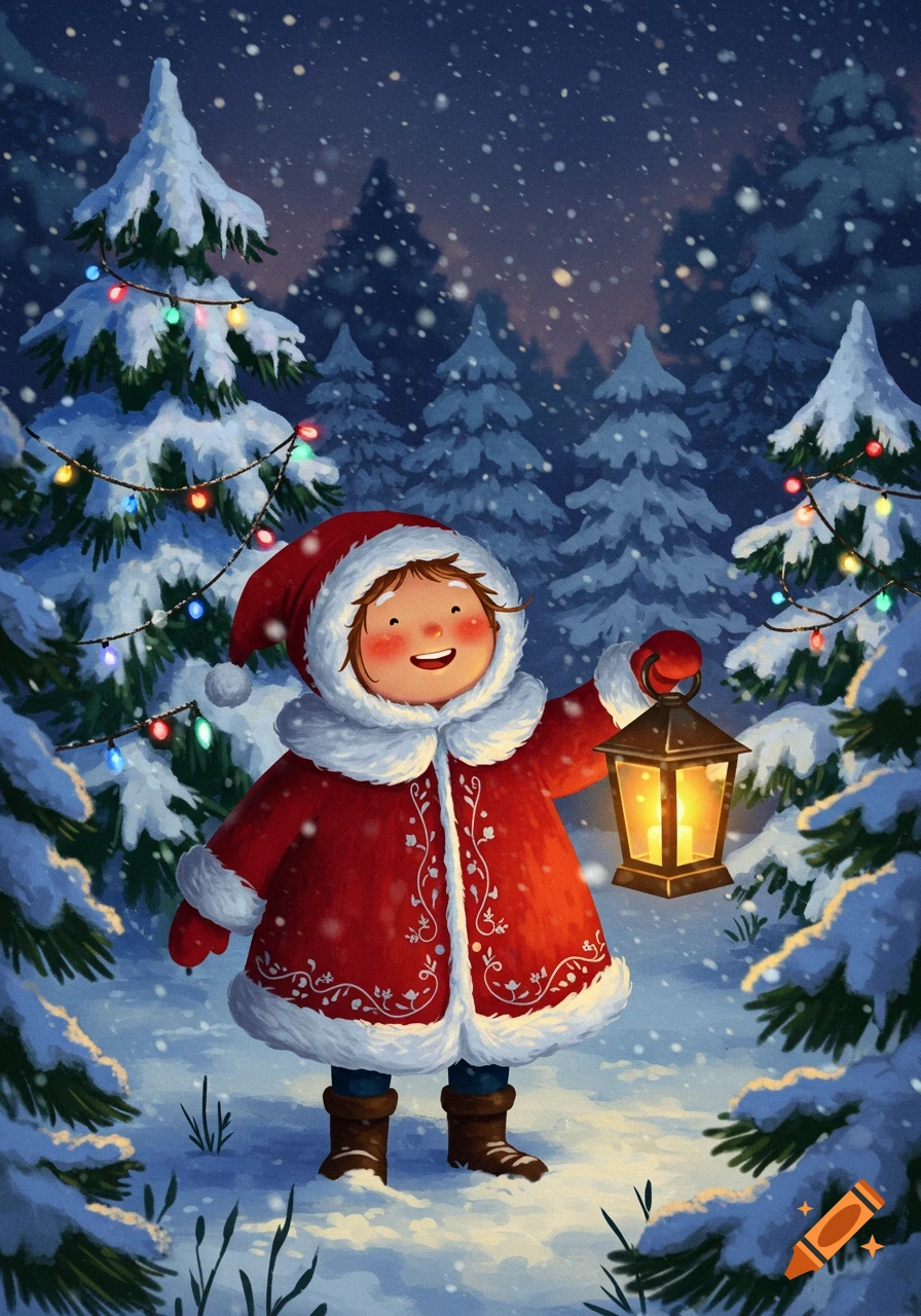 A cheerful child in a red Santa coat and hat holds a glowing lantern in a snowy winter forest with decorated Christmas trees.
