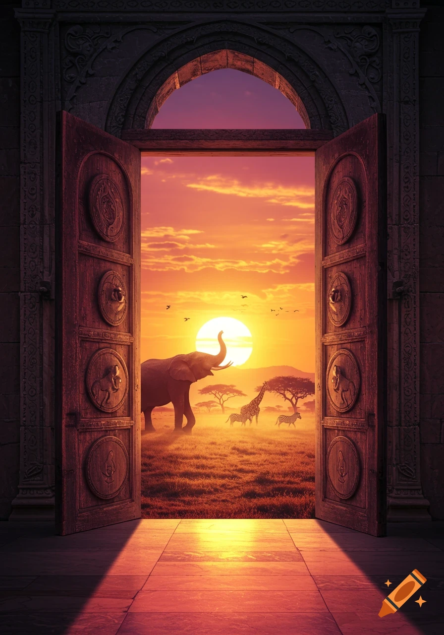 Photorealistic image of ornate doors opening to a vibrant sunset savanna with elephants, giraffes, and zebras.