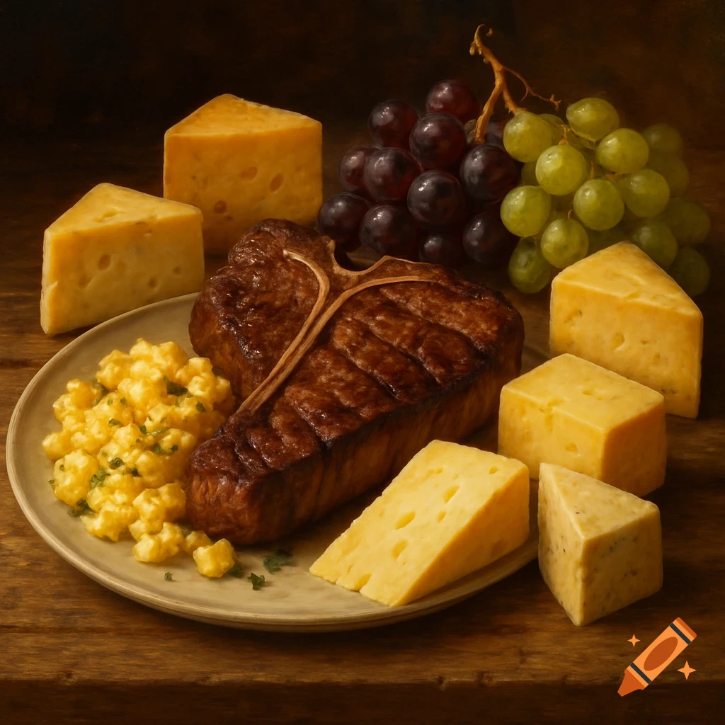 A photorealistic still life of a t-bone steak with scrambled eggs, various cheeses, and red and green grapes on a wooden surface.