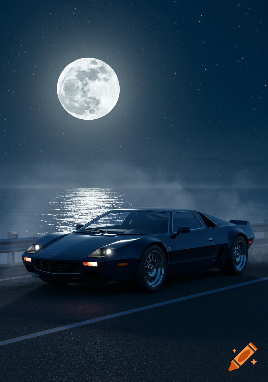 A dark sports car on a coastal road at night, under a large full moon reflecting on the ocean.