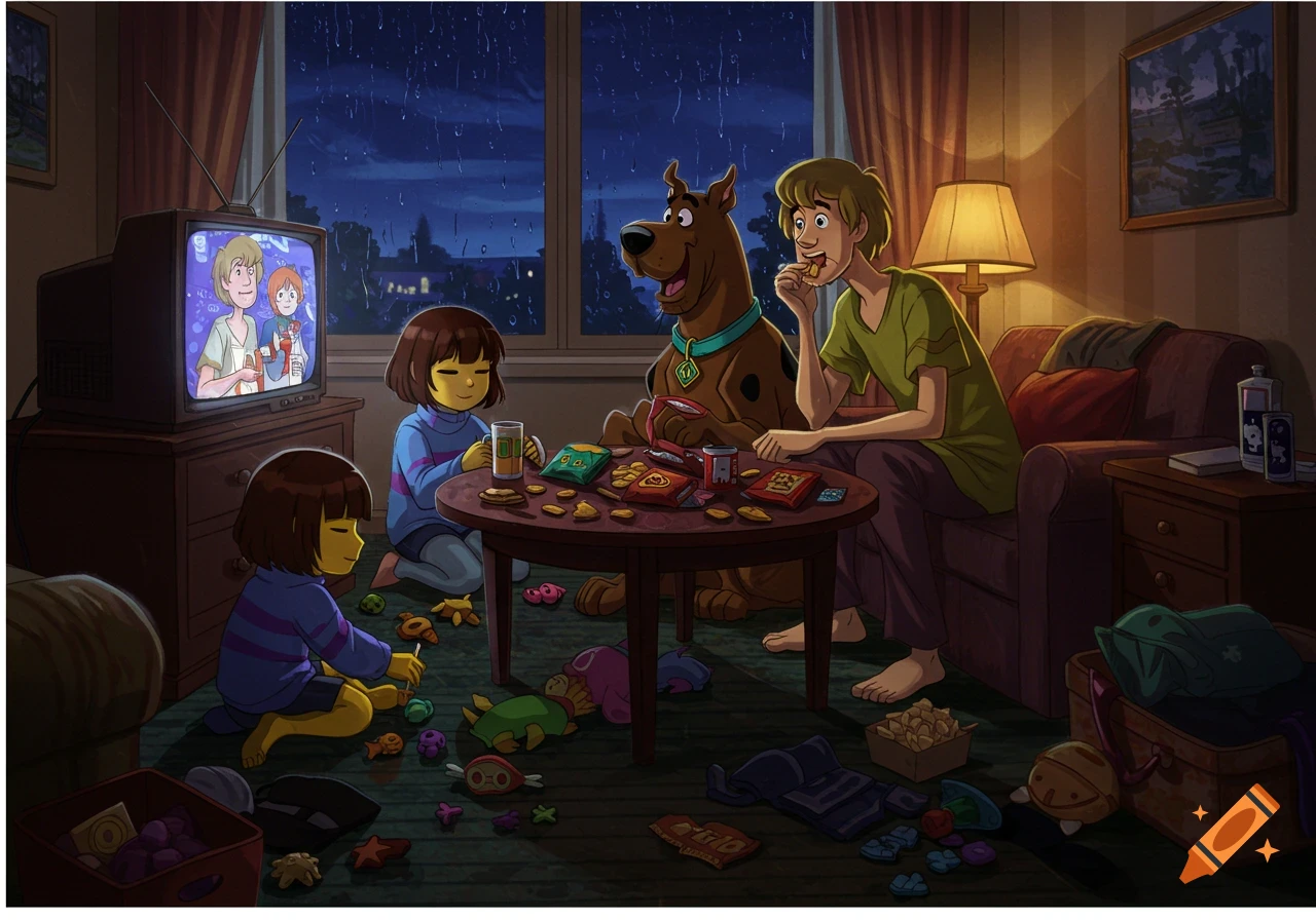 Shaggy, Scooby, and two Frisk characters relax in a cozy room. Shaggy and Scooby eat snacks and watch TV, while Frisk plays with toys on the floor, as rain falls outside a window in this cartoon illustration.