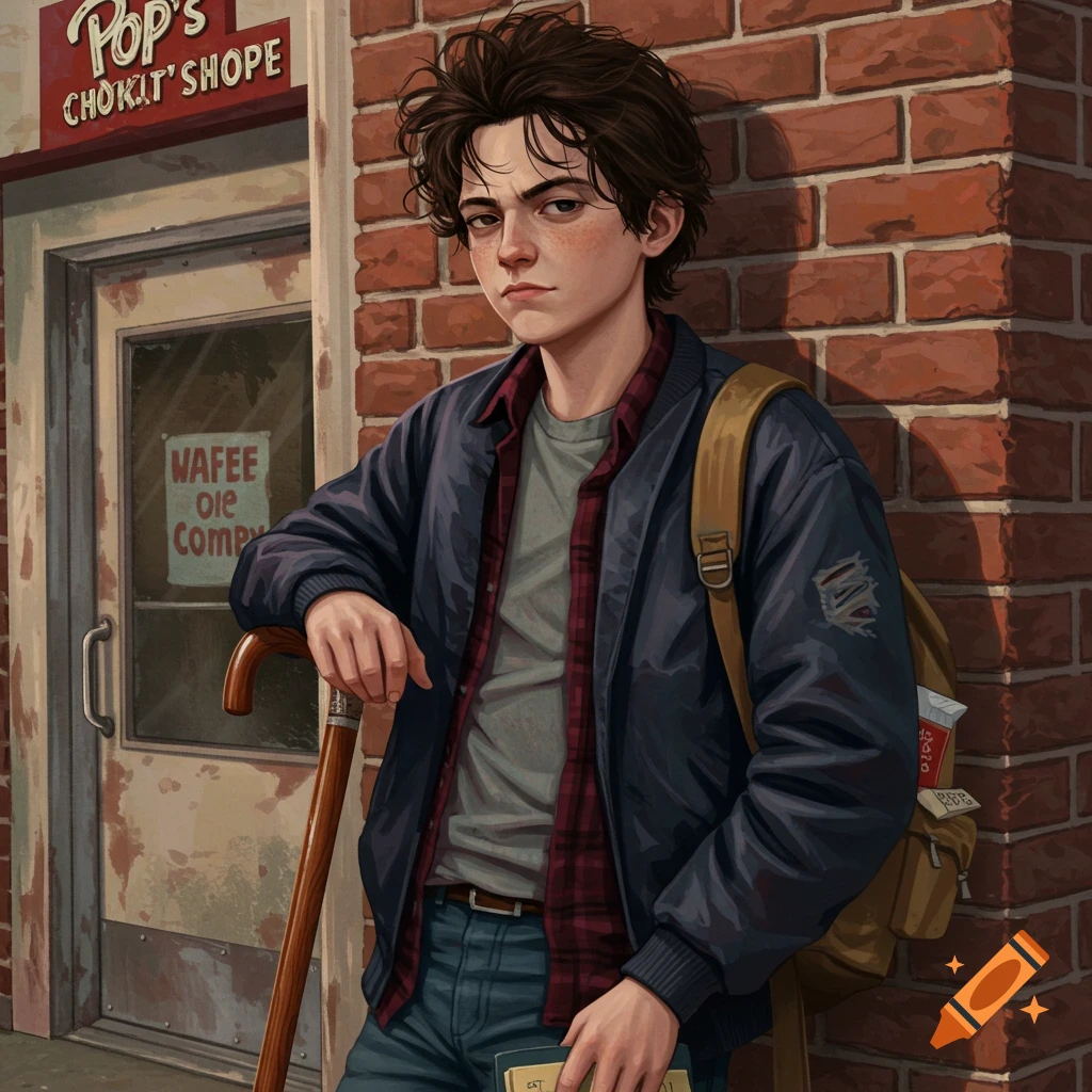 An illustrated young man with messy brown hair and a dark jacket leans against a brick wall next to a shop with an illegible sign.