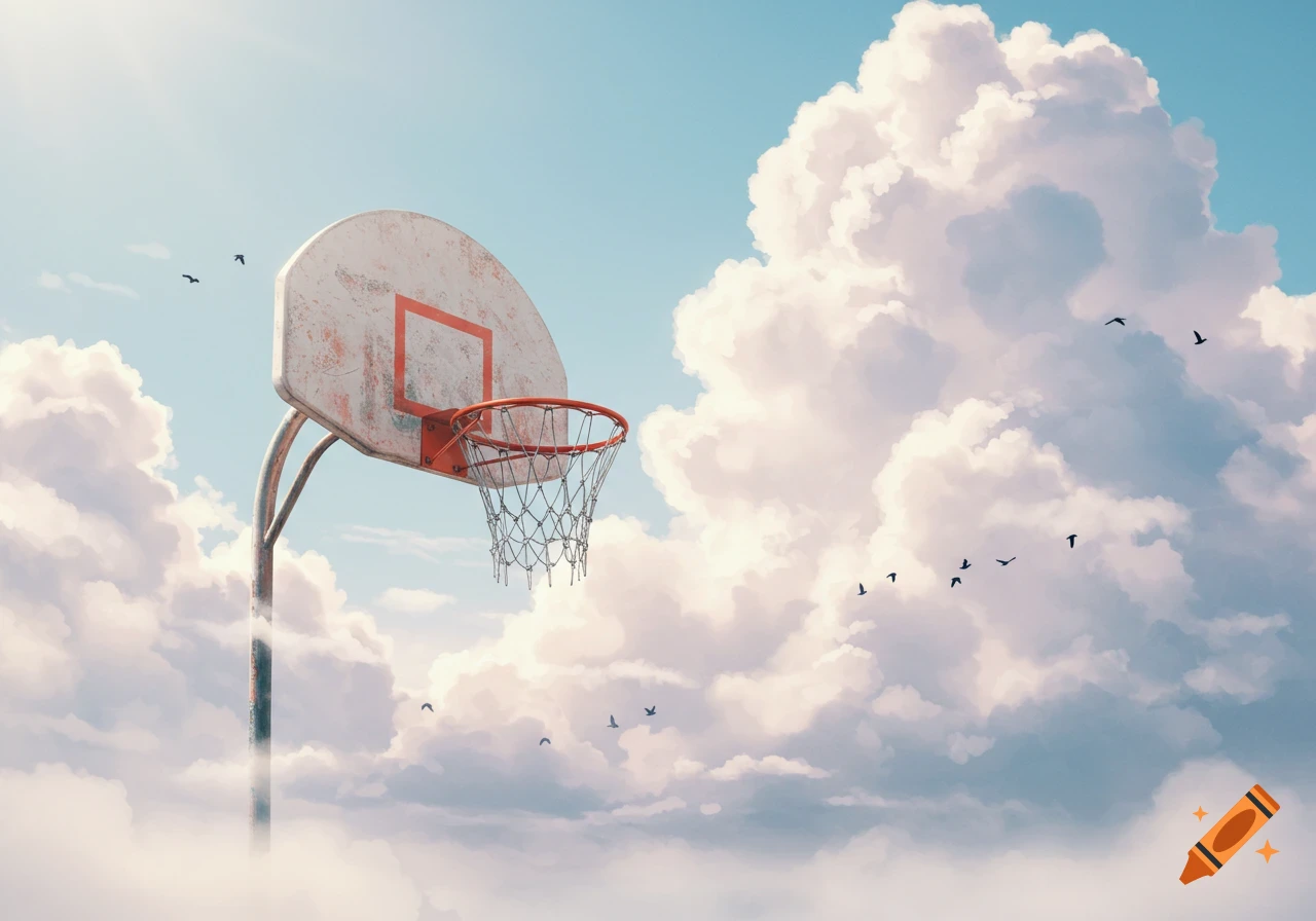 A weathered basketball hoop with a net rises from soft clouds into a blue sky with birds.