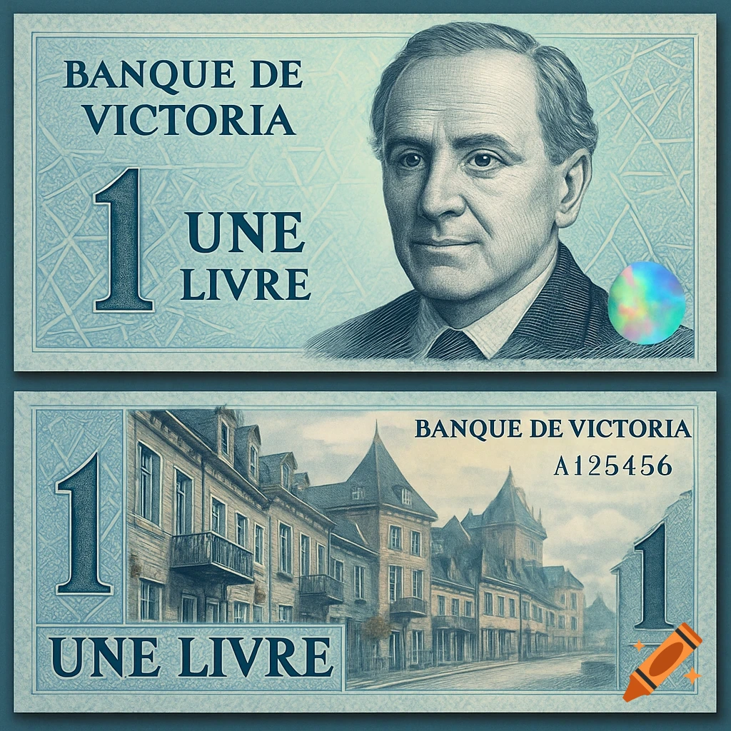 Sky-blue banknote showing a male portrait on the obverse and a Qu ebec-style city scene on the reverse for BANQUE DE VICTORIA.