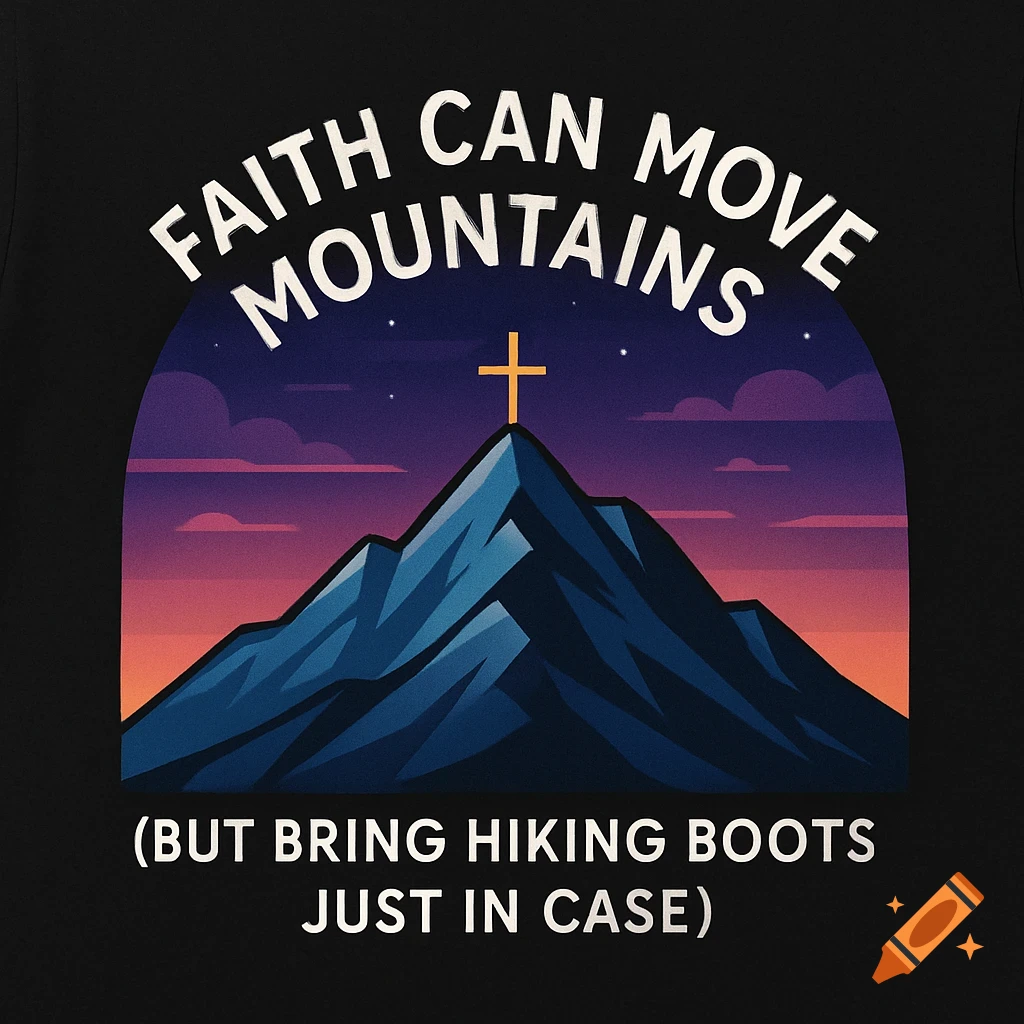 Stylized graphic of a mountain with a cross on the peak under a starry, gradient sky, with inspirational text.
