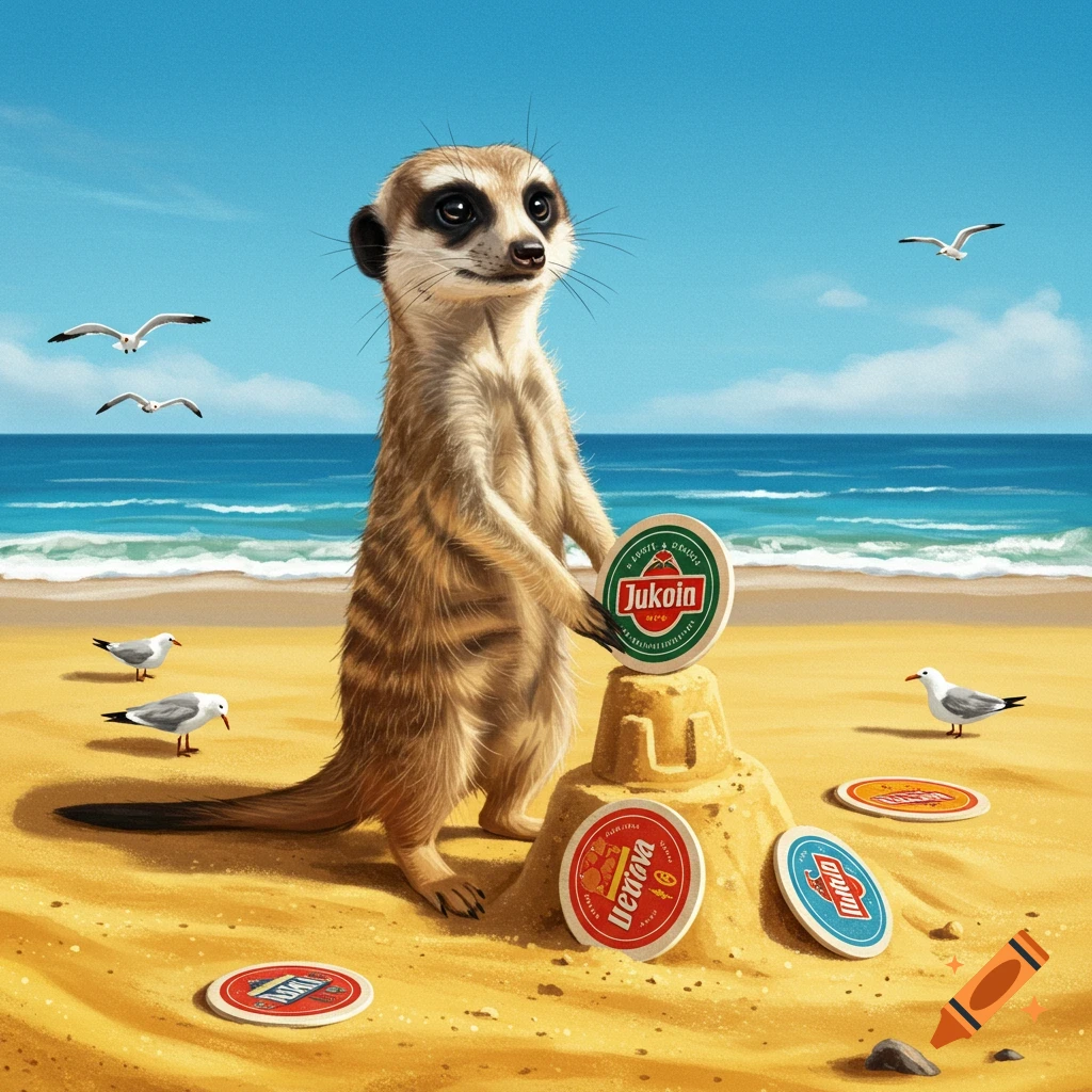 A meerkat stands on a sunny beach, building a sandcastle with colorful, round coasters. Seagulls fly above and stand near the ocean.