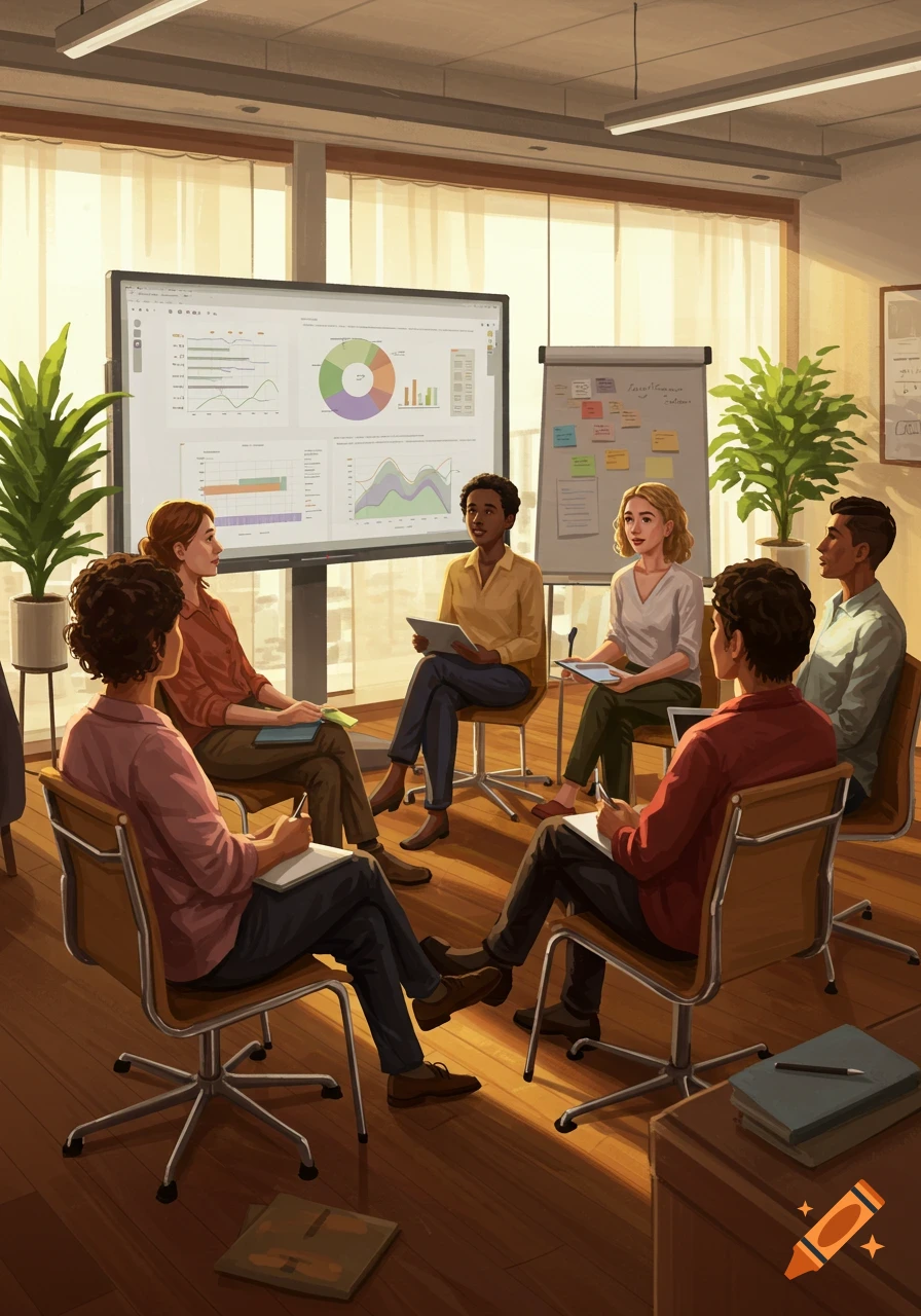 Diverse group of people in an office meeting, seated in a circle around a screen displaying charts and graphs, in an illustrative style.