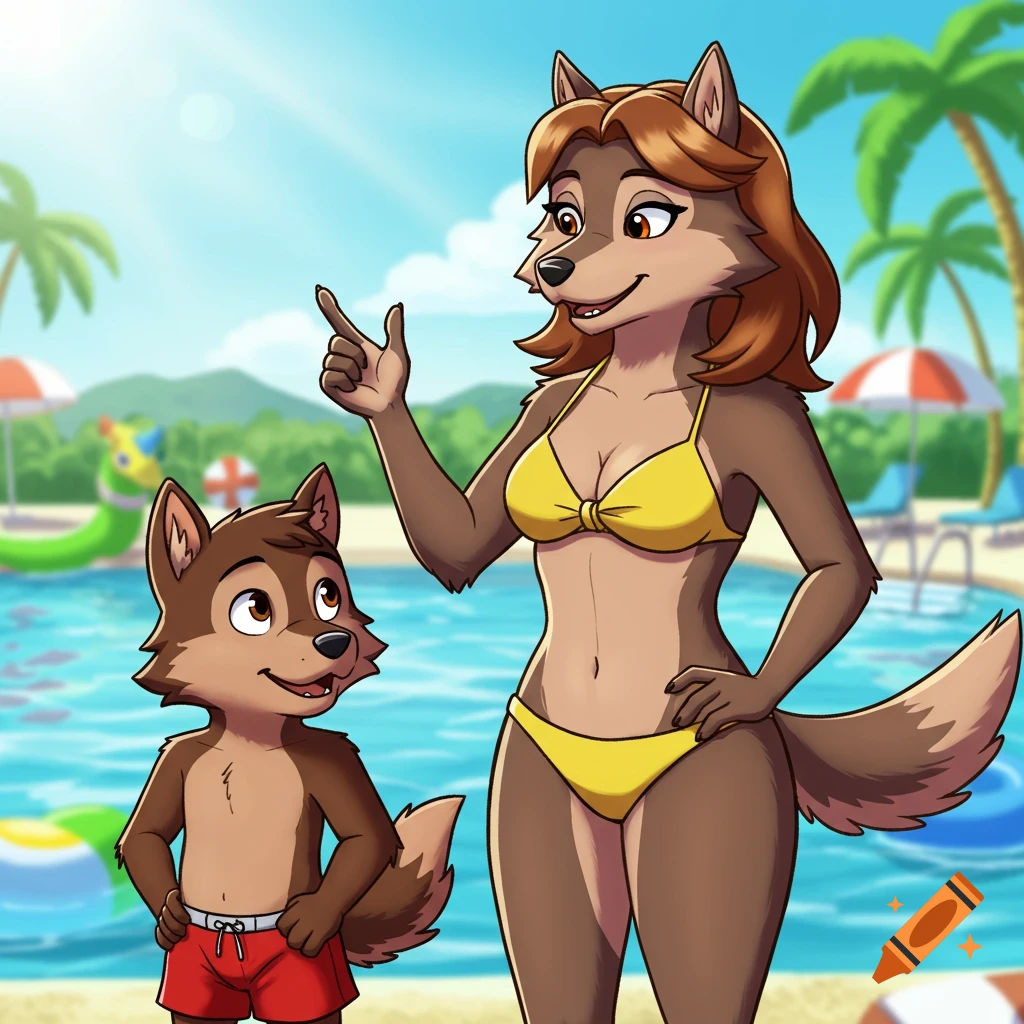 Cartoon of an adult female wolf in a yellow bikini and a young wolf in red trunks at a sunny water park.