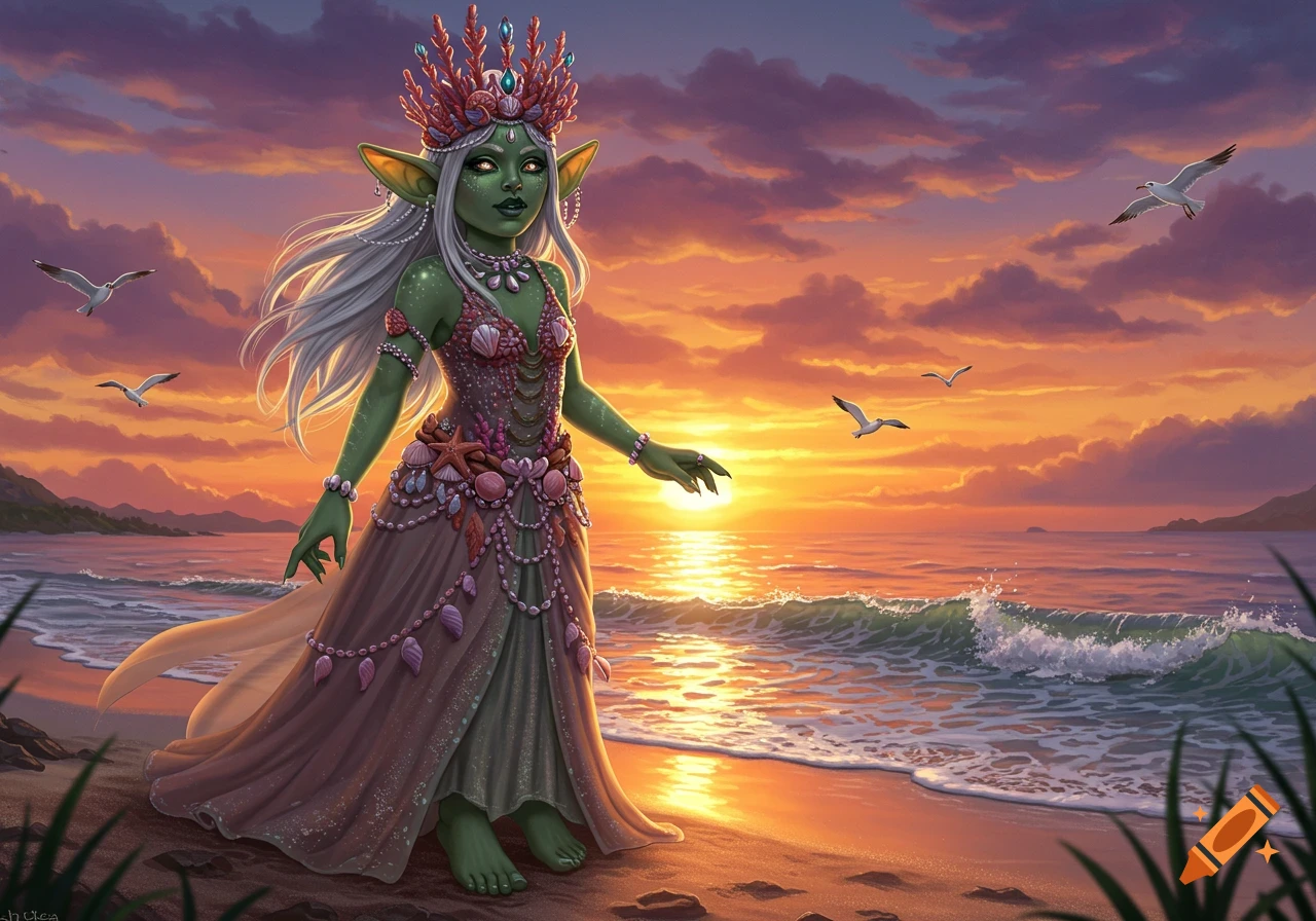 Green-skinned goblin queen in a shell-adorned dress on a sandy beach at sunset, with waves and seagulls, digital painting.