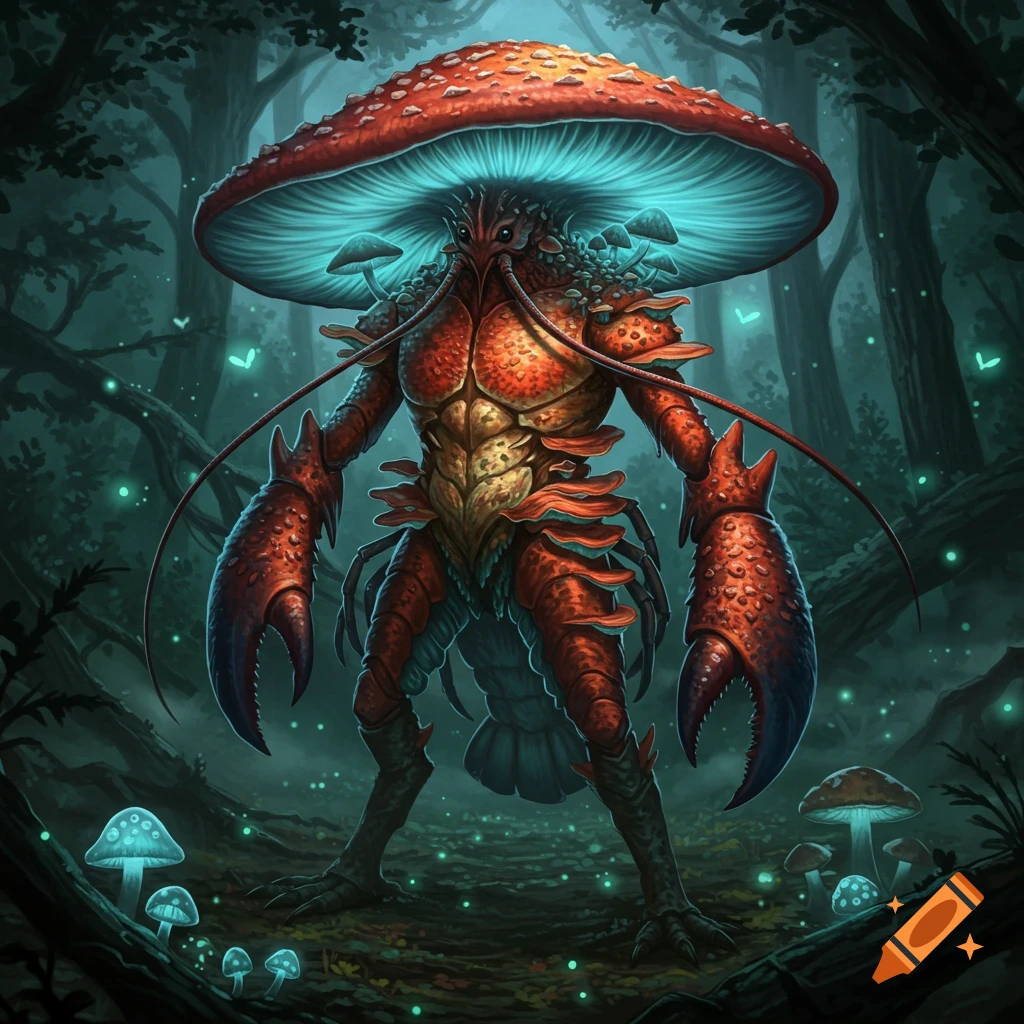 A bipedal lobster-mushroom creature with glowing eyes and claws stands in a dark, fantastical forest with luminous mushrooms. Digital art.