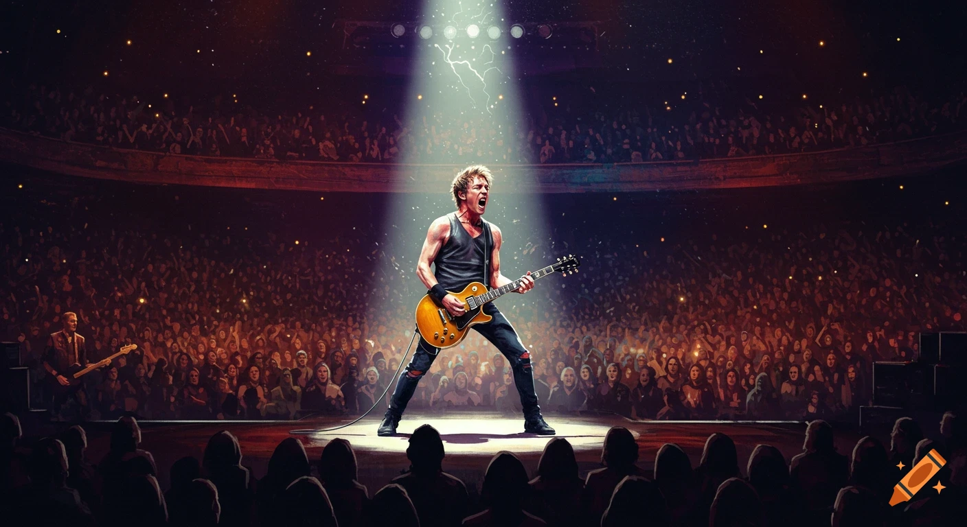 A rockstar plays guitar on a stage bathed in spotlight before a large, cheering audience in a realistic, vibrant style.