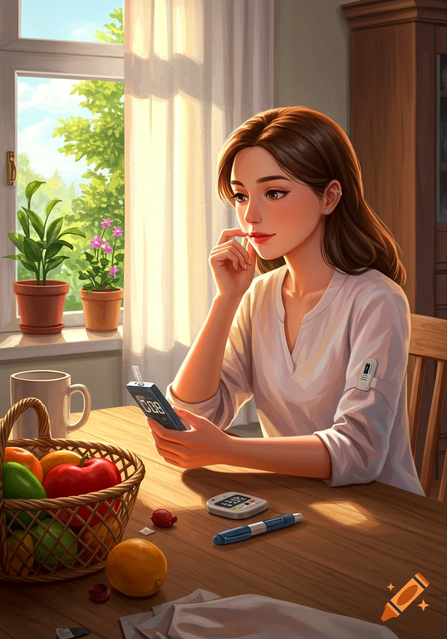 Anime woman checks a blood glucose meter at a sunny table with a fruit basket and CGM on her arm, window view.