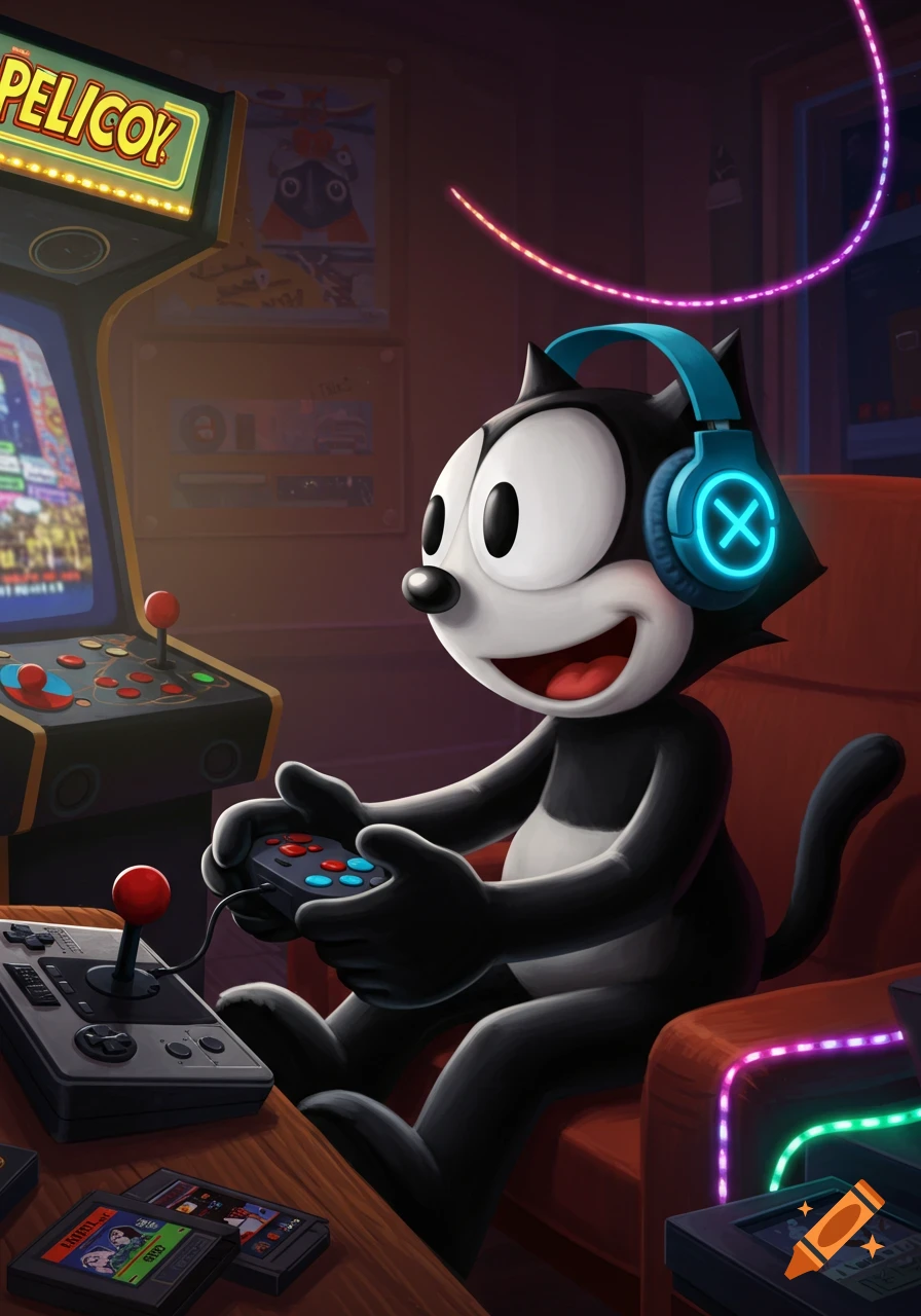 Felix the Cat wearing blue headphones, happily playing a video game controller in an arcade setting.