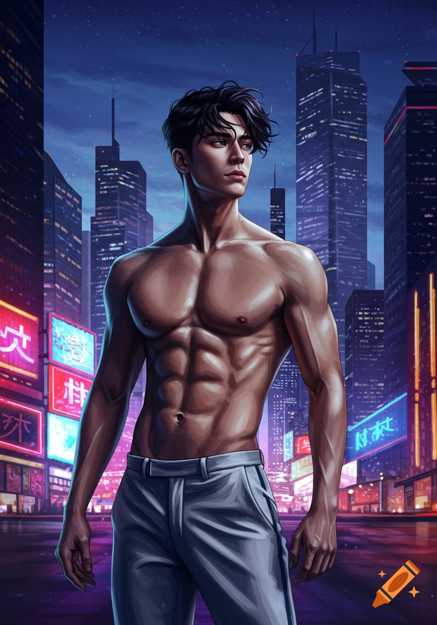 Muscular young man with dark hair stands shirtless in light pants against a neon-lit futuristic cityscape at night. Digital art.