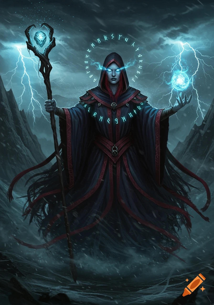 A powerful female warlock in dark robes stands amidst lightning and mountains, holding a glowing staff and casting a spell.
