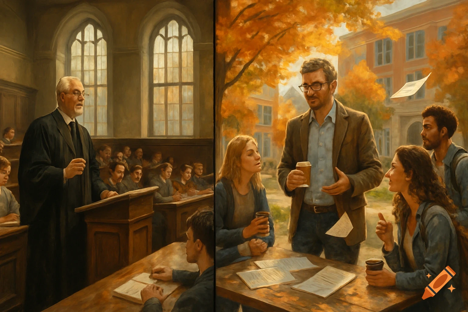 An oil painting split into two panels: a professor lectures students in a formal classroom, and another professor converses with students on an autumn university campus.