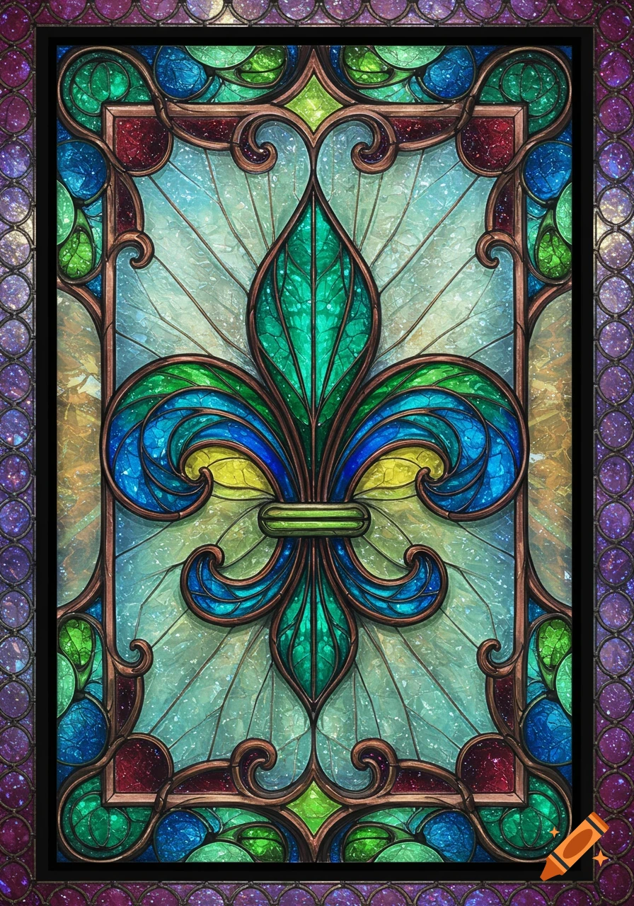 Vibrant, ornate stained glass fleur-de-lis in blue, green, and yellow, framed by a purple patterned border.