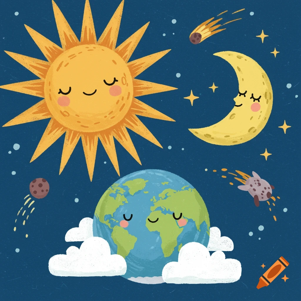 Cute cartoon illustration of the sun, moon, and Earth with clouds, stars, and comets in a dark blue sky.