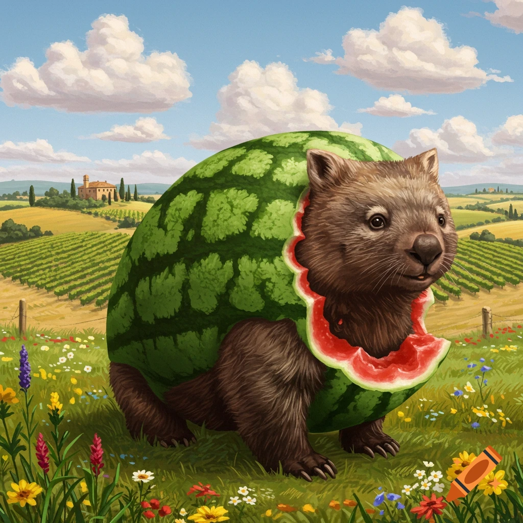A furry wombat with a watermelon body stands in a vibrant Italian countryside with vineyards and wildflowers.