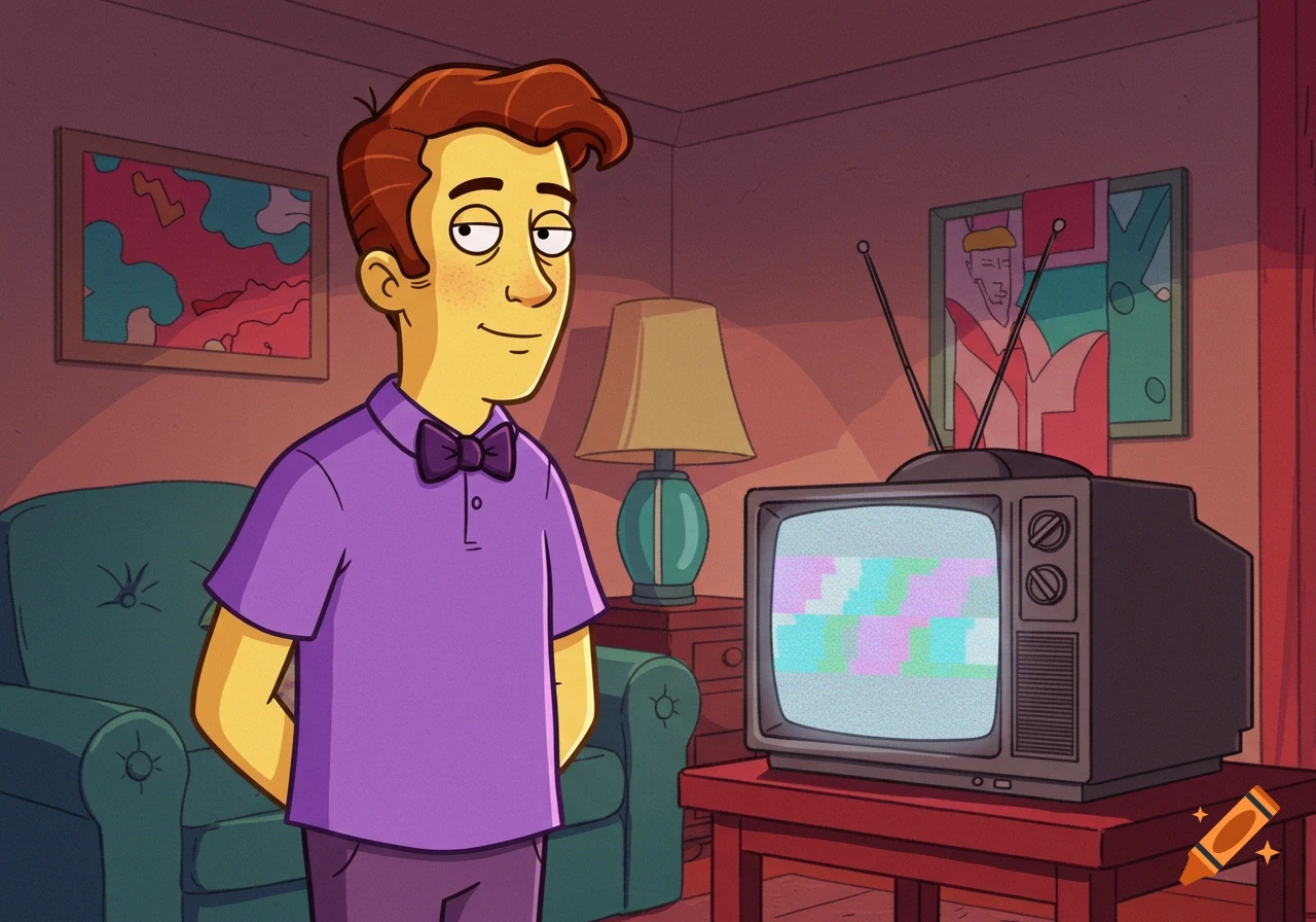 Cartoon man with reddish-brown hair and a purple polo shirt and bow tie stands in a living room, looking at an old TV with static.