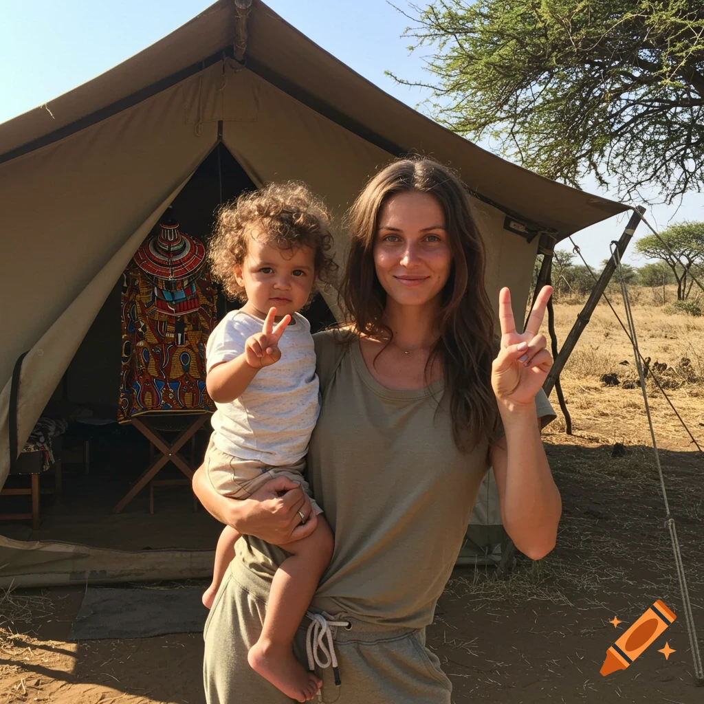 A woman holding a child, both making peace signs, standing in front of a safari tent in an African savanna.