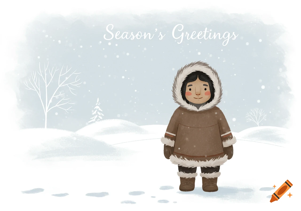 Watercolor illustration of a child in a brown parka in a snowy landscape with 'Season's Greetings' text.