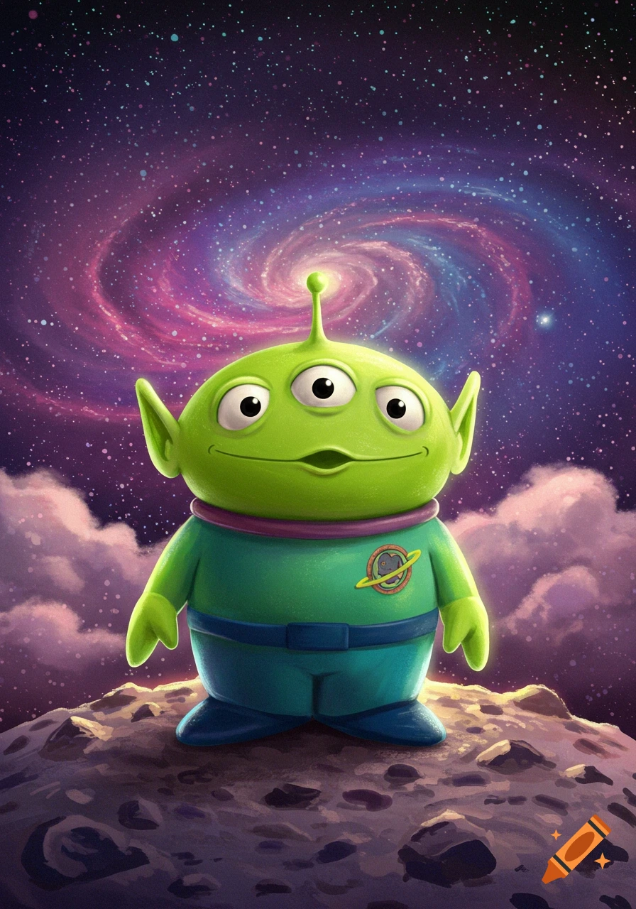 Cute green three-eyed Toy Story alien on a moon with a vibrant galaxy background, illustration.
