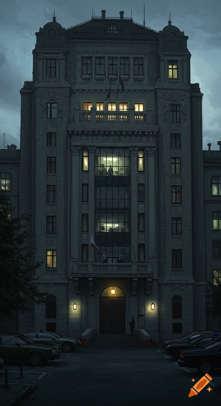 A tall, imposing building with illuminated windows at night, cars parked outside, and a person by the entrance, in a moody digital painting style.