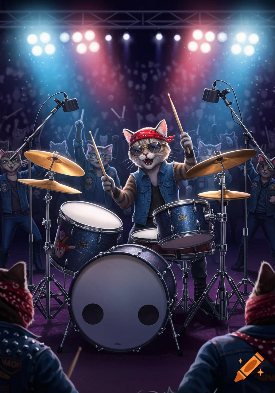 An anthropomorphic cat in a bandanna and sunglasses plays drums on stage for an audience of cheering cats.