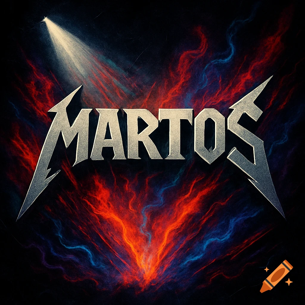 Metallic, jagged text 'MARTOS' in rock music style, against swirling red and blue energy on a dark background, illuminated by a spotlight.