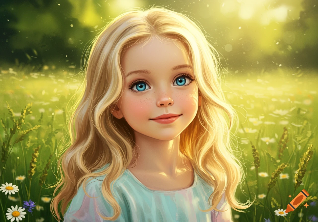 Digital illustration of a smiling blonde girl with blue eyes and freckles in a sunny field of flowers.