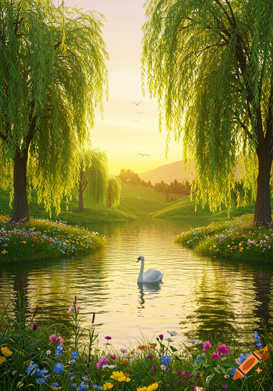 A serene white swan swims in a tranquil pond, surrounded by lush willow trees and vibrant wildflowers under a golden sunset.