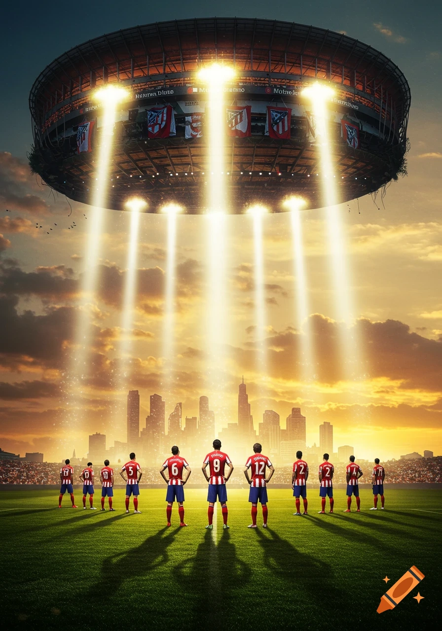 Soccer players on a field look up at a futuristic stadium floating like a UFO over a city skyline at sunset.