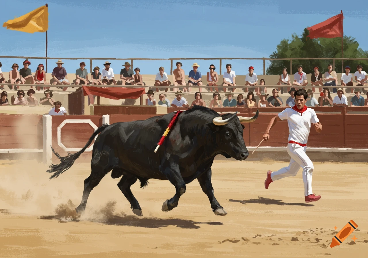 A stylized painting of a black bull with ribbons on its horns chasing a man in white in a dusty arena, with spectators.