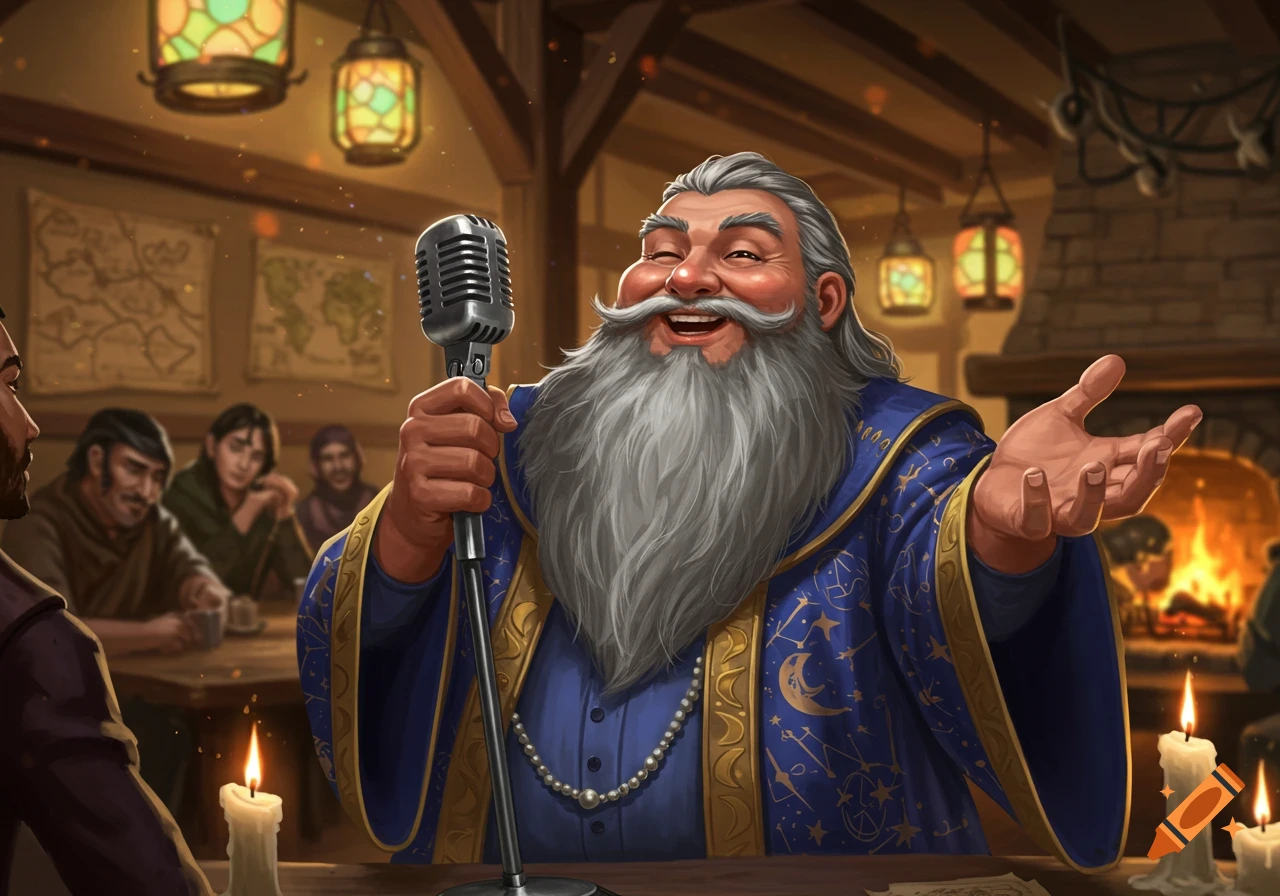 A happy, grey-bearded wizard in a blue robe holds a vintage microphone, winking and smiling in a cozy tavern, digital illustration.